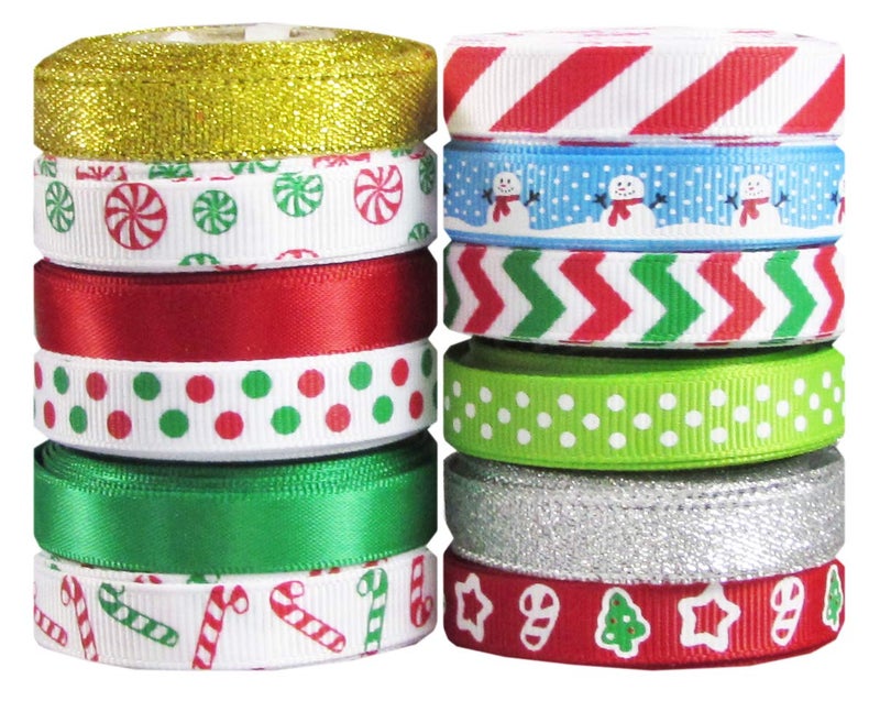 Q-YO Holiday Christmas Grosgrain Ribbon Set for Gift Package Wrapping, Hair Bow Clip Accessory Making, Crafting, Decoration (60yd(12x5yd) 3/8" Grosgrain Ribbon-Xmas) - Image 1